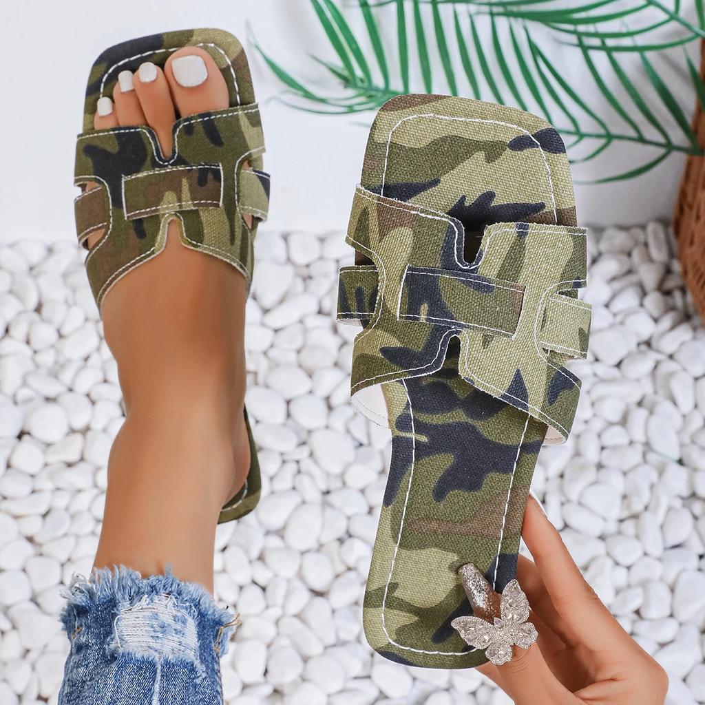 Армейский зеленый Кожаные женские тапочки с открытым каблуком Плоская повседневная пляжная обувь для пар Удобные сандалии для женщин