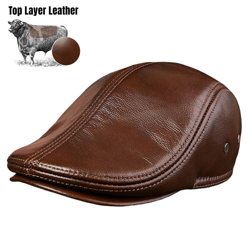 High Quality Cow Leather Hat Men's Fashion Warm Thickened Beret with Hidden Ear Protection