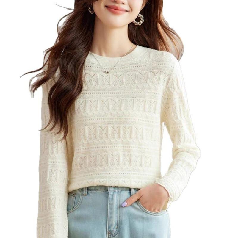 Spring and Summer New Trend Red Round Neck Long-sleeved Knitted Sweater Pullover Femininity Elegant Commuter Style