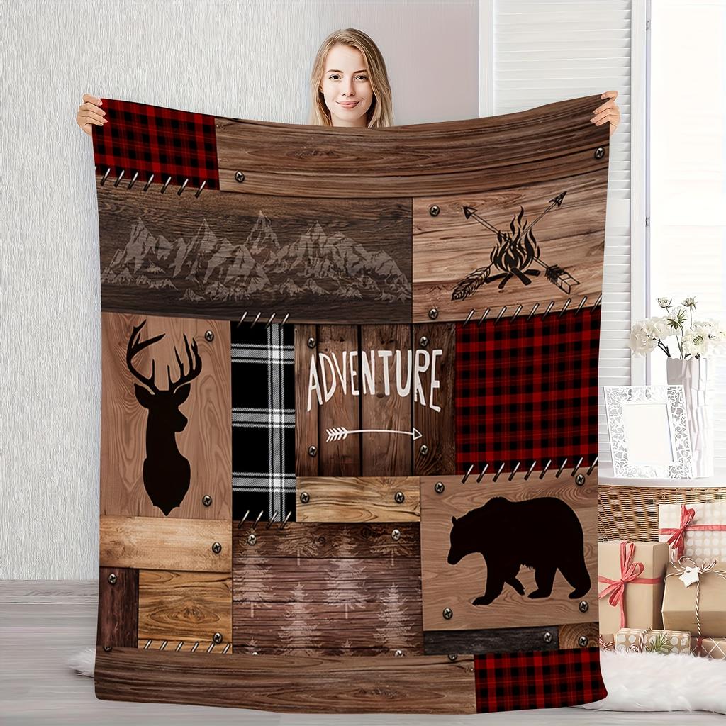 1pc of Comfortable Adventure Flannel Blanket Featuring a Deer Head and Bear Pattern, Creating a Rich Natural Wilderness Vibe. Perfect for Ou