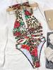 Leopard Floral Metal Ring Wrap Around Cut Out Monokini One Piece Swimsuit Women Swimwear Female Bather Bathing Suit Swim K3713