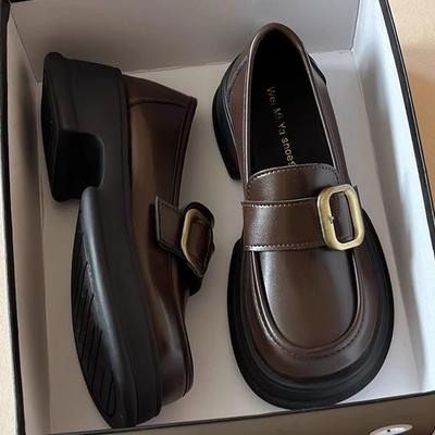 Туфли женские кожаные на платформе коричневого цвета с круглым носком, новинка осени 2025 года, универсальные туфли на толстом каблуке, одинарные туфли