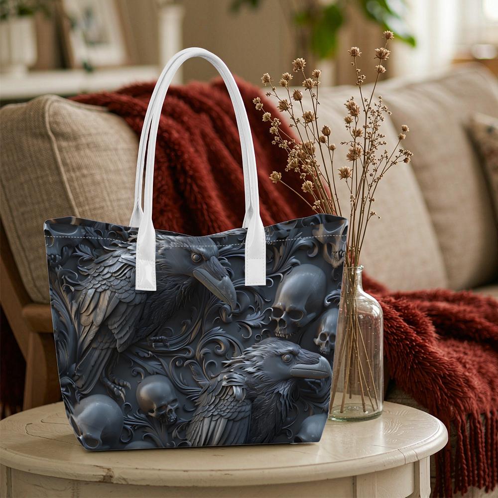 Gothic Raven Skull Pattern Tote Bag Dark Style Shoulder Bag for Daily Use