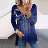 Women Autumn Floral Blue Rose Printed Long Sleeve T-Shirts Loose V-Neck Plus Size Tee Shirt Tops Comfy Blouse
