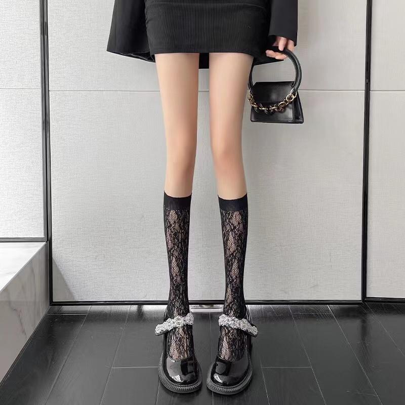 Women Sexy Floral Print Mesh Stockings Knee High Socks Soft Nylon Elastic Fishnet Fashion Long Leg Socks Designer Sheer Socks