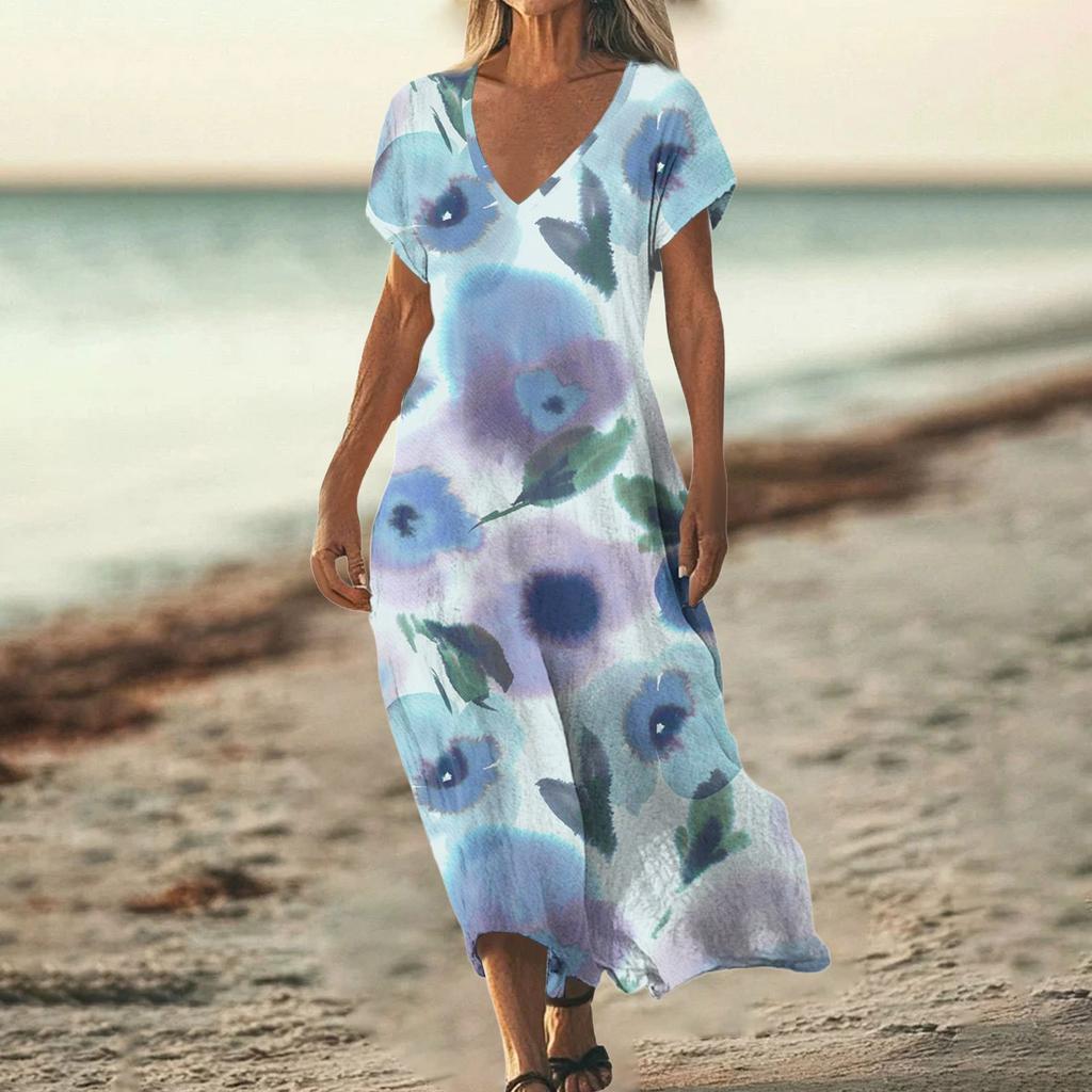 Fashion Women's Summer V-Neck Short Sleeve Floral Print Beach Dress