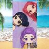 Чиби Аниме Пляжное полотенце K-Pop Девичьей группы, Сверкающий фиолетовый принт, Быстросохнущее банное полотенце, Мягкое микрофибровое одеяло в подарок фанату