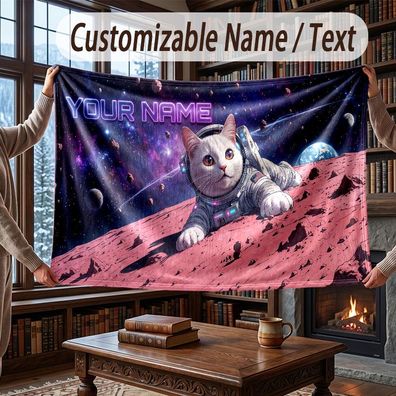 Cat Theme Throw Blanket Custom Name Text Personalized Blanket Soft Cozy Blanket for Home Sofa Bed