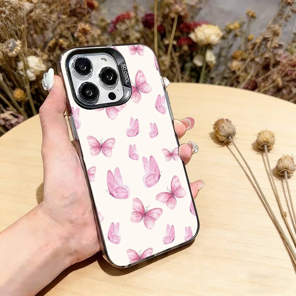 Pink Butterfly Pattern Phone Case For iPhone 17,16,15,14,13,12,11 Plus,Pro Max,XS,Colorful Silver Phone case Funda Cover