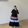 MODIQUE Summer Plus Size New Women Loose Patchwork A-Line Printing Long Pleated Dresses Elegant Lady Casual Cotton O-Neck Short Sleeve Skirt