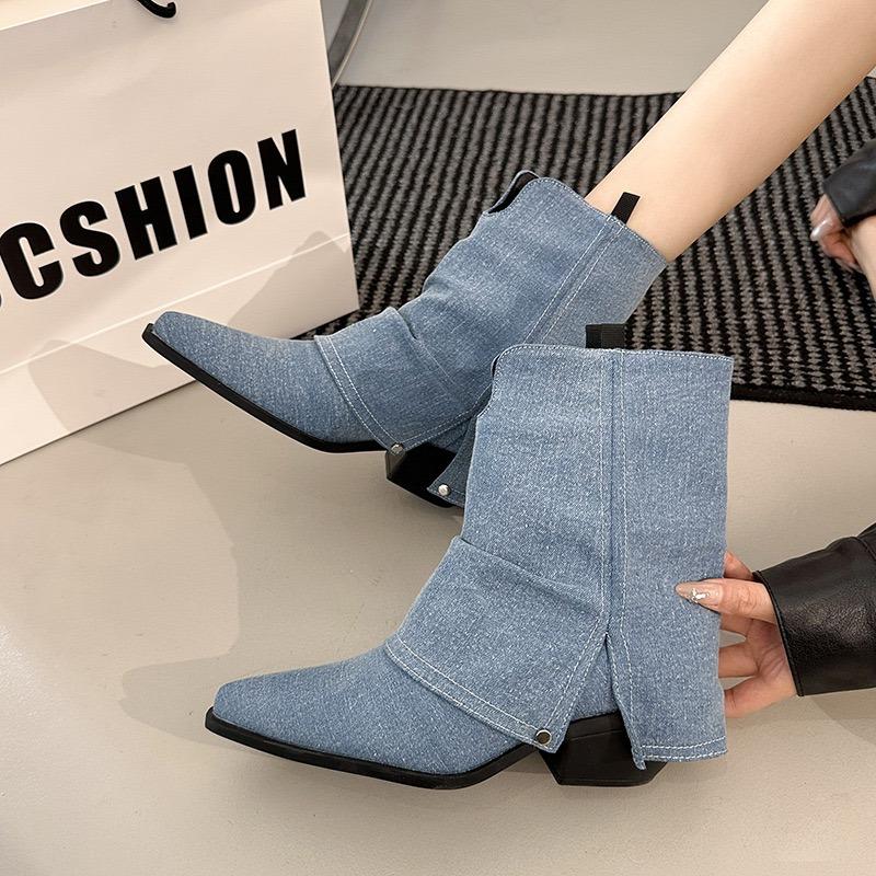 Fashion Women's Mid-calf Boots Pointed Toe Leather Boot Retro Short Leg Pants Tube Boots Classic Canvas Cowboy Boot Womens Fashion Boots