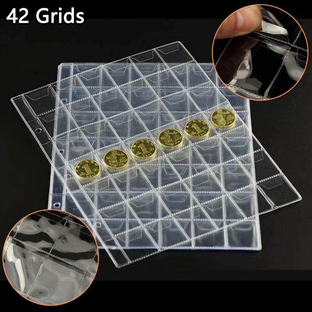 10 Sheets Coin Holder For Pages Made of Clear Plastic Each with 42 Pockets 3 Hole Binder Compatible Coin Storage Wallets