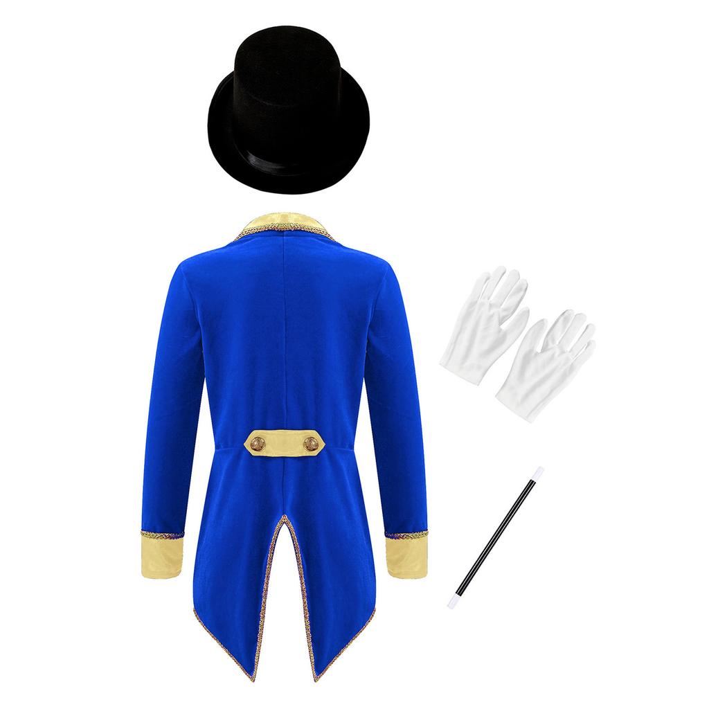 Girls Circus Costume Set Long Sleeve Lapel Tailcoat with Magic Wand Hat Gloves Halloween Dress Up Performance Outfit