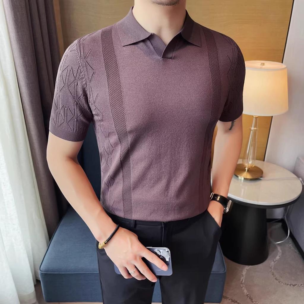 Летняя мужская рубашка поло в полоску, жаккардовая вязка, короткий рукав, поло с V-образным вырезом, однотонные эластичные топы