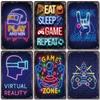 Neon Video Game Poster Metal Plate Gamer Play Win Game Zone Metal Tin Signs Retro Wall Decor Game Room Bar Pub Man Cave