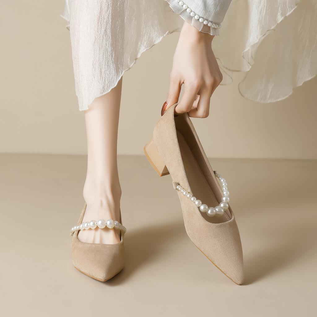 Weiwei girl 5153-3 французские туфли-лодочки с острым носом женские жемчужные с мелким вырезом на высоком каблуке замшевые на толстом каблуке туфли Мэри Джейн