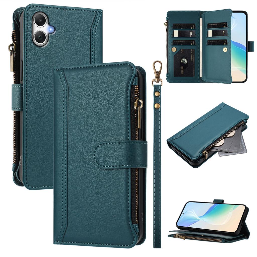 For Samsung Galaxy F05/Galaxy M05 4G/Galaxy A05 4G Leather Case 9 Card Slots Zipper Wallet Stand Phone Cover with Wrist Strap