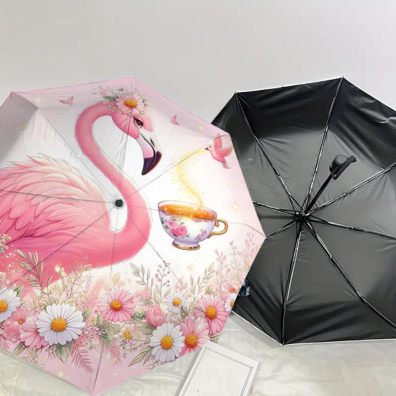 1pc Flamingo Tea Garden Umbrella with Plastic Handle,Suitable for All Seasons Home Travel Outdoor UmbrellaDD401