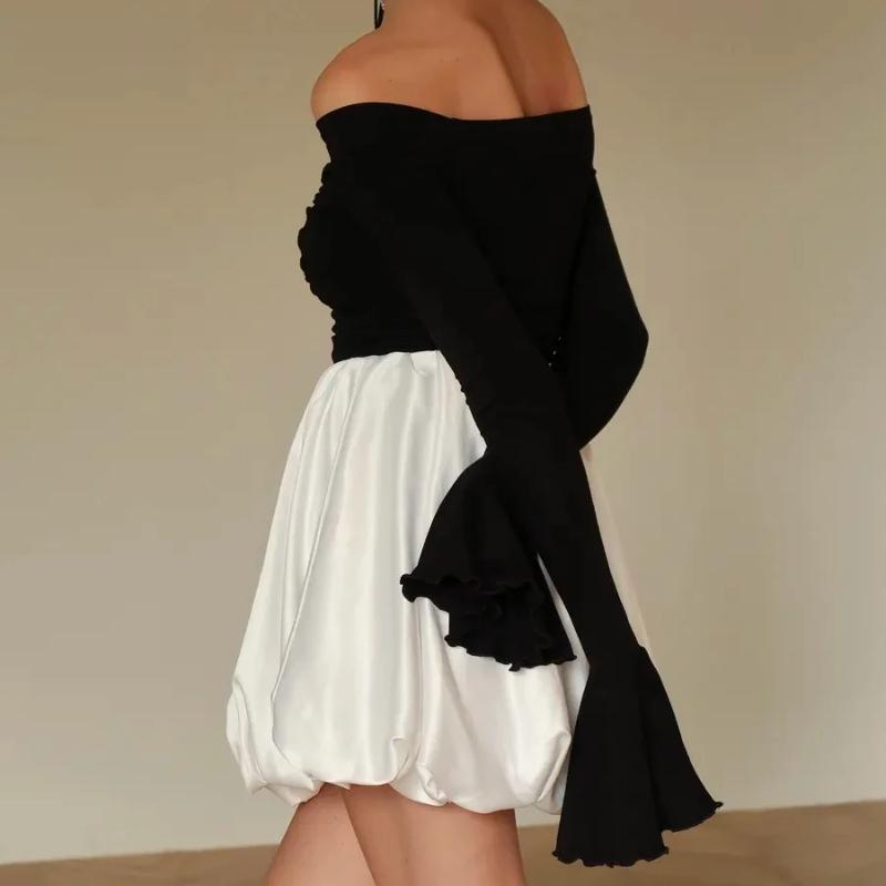 Европейские и американские женщины весна-лето лотос длинный рукав открытый плечо тонкий и сексуальный тонкий топ