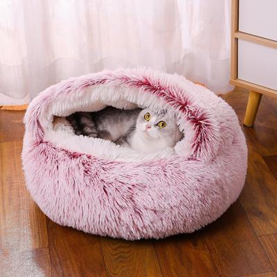Плюшевая лежанка для кошки Круглая подушка для кошки Домик для кошки 2 в 1 Теплая корзина для кошки Спальный мешок для питомца Кошачье гнездо Будка для маленькой собаки Подходит для зимы