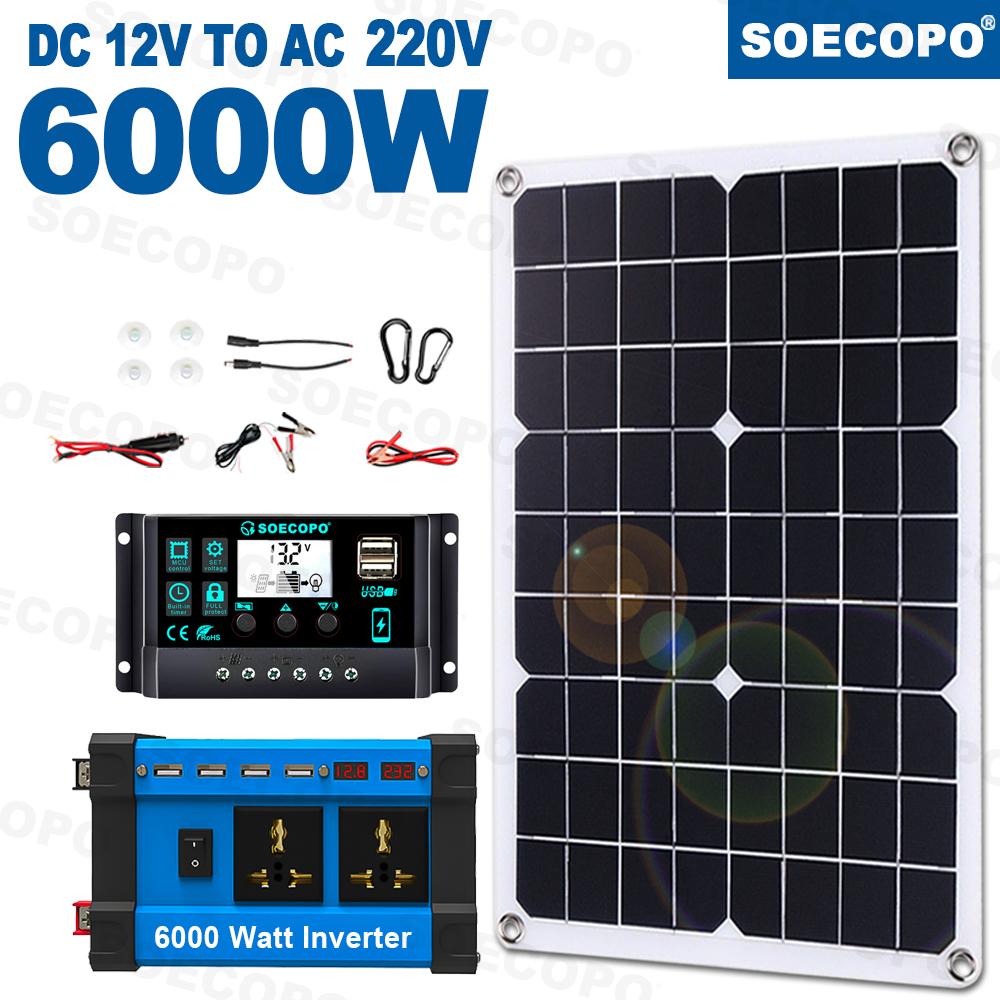SOECOPO 6000 Вт Домашняя/Кемпинговая Резервная Солнечная Система Полный Комплект 12 В на 110 В/220 В Контроллер 100 А Панель 500 Вт Автономная Инверторная Система