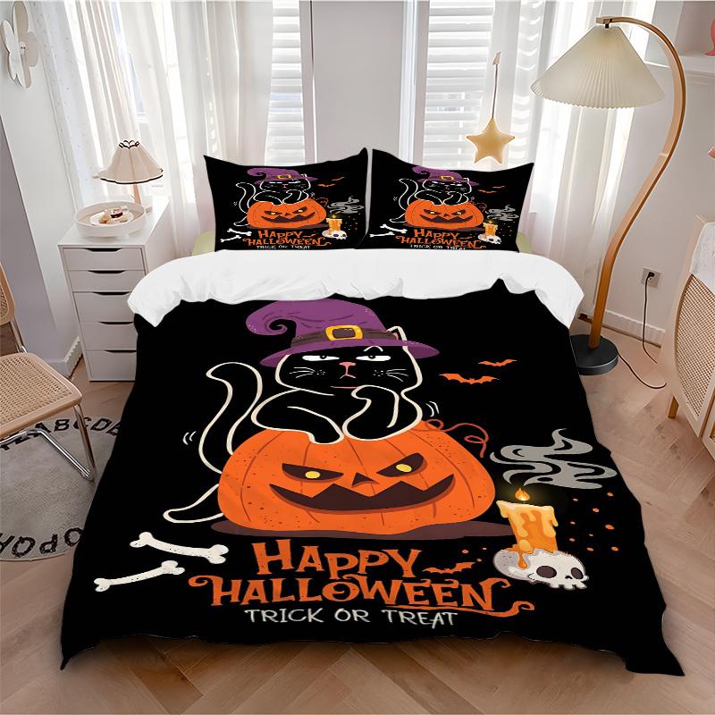 3pcs Trick or Treat cat & Pumpkin Halloween Bedding Set - Includes Quilt Cover and Pillowcases, Suitable for All Seasons N094