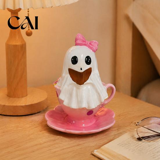 Halloween Tiered Tray Decorations Reading Ghost Figurine, Pink Teacup Statue, Resin Decorative for Shelf Sculpture Home Office Party,
