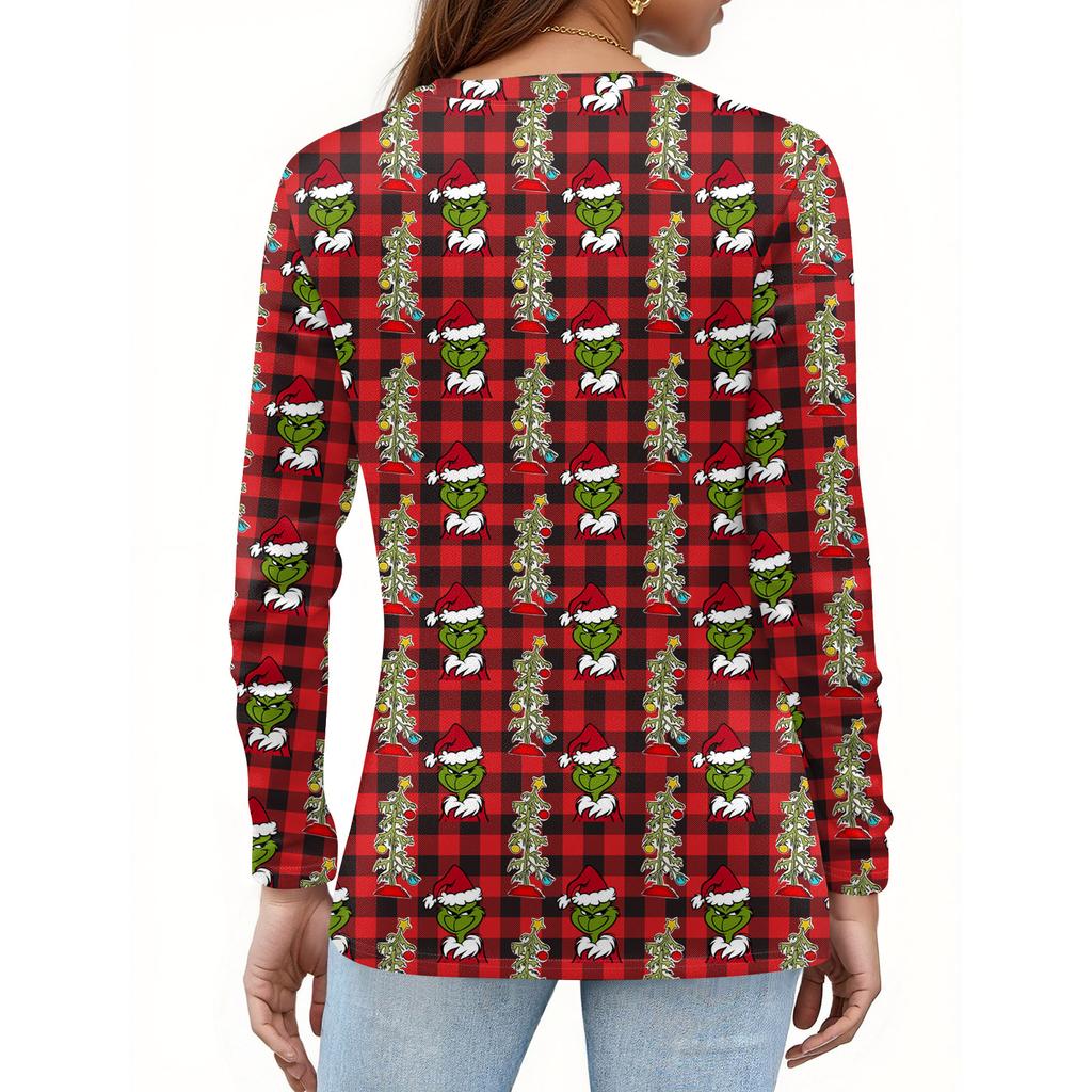 Women's Fashion Casual V-Neck Long Sleeve Decorative Button Christmas Print Top