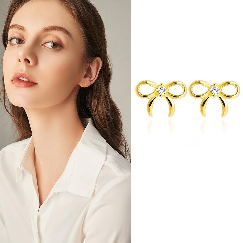 Minimalist Bow Stud Earrings for Women, Elegant Luxe Zircon Ear Jewelry, Versatile Fall Winter Dainty Earrings