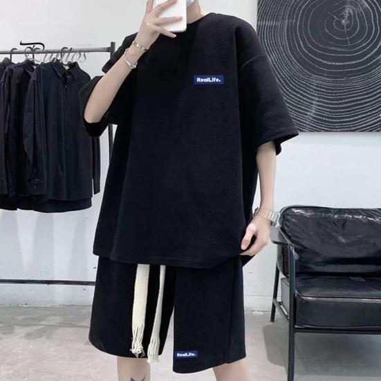 Мужской комплект из 2 предметов, повседневный спортивный костюм, шорты, летний свободный спортивный костюм с коротким рукавом, спортивный комплект, домашняя одежда с вафельной текстурой, подходящий костюм