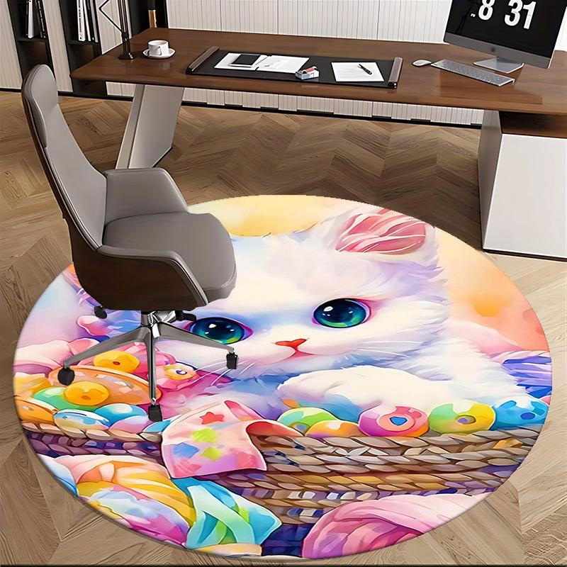 1pc Anime Design Round Carpet Cute Cat with Easter Eggs Chair Mat, Non Slip Rug for Office & Home Decor