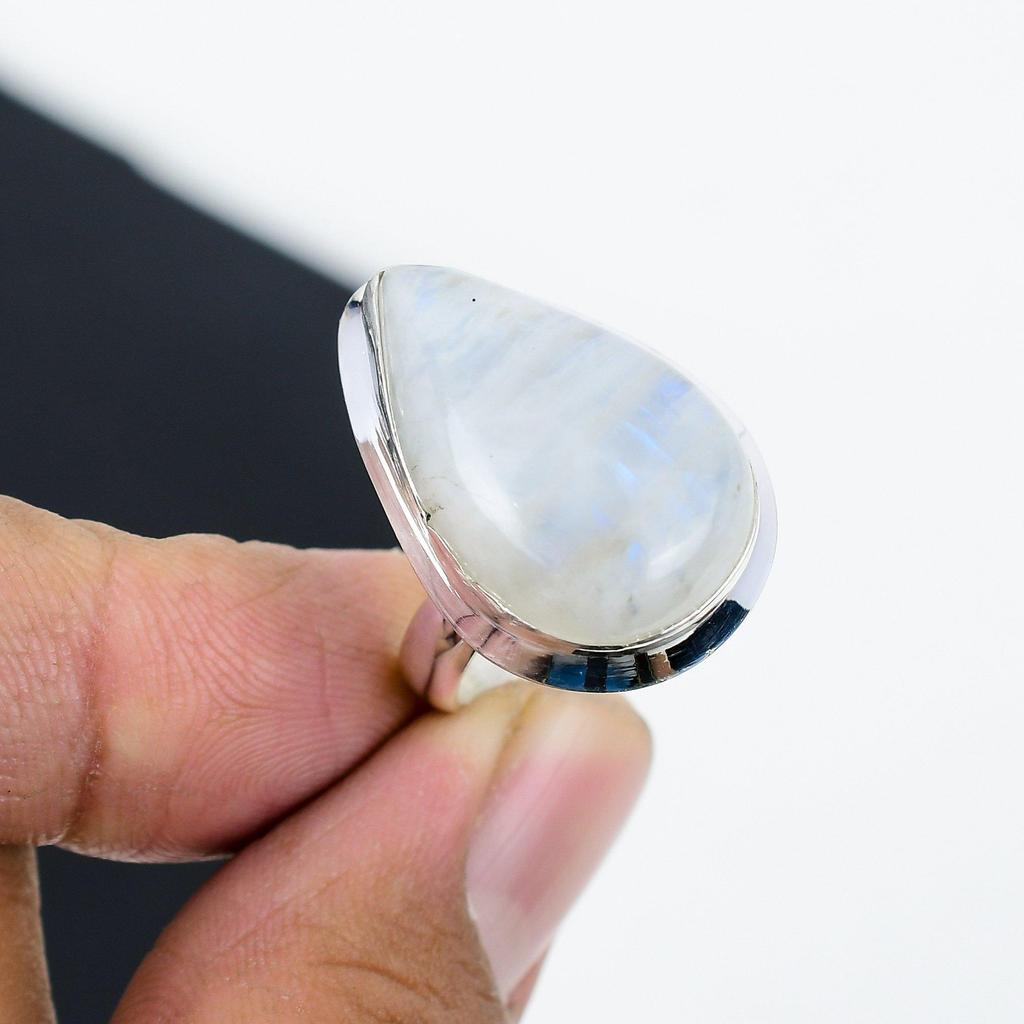 Natural Rainbow Moonstone Adjustable 925 Sterling Silver Ring - Fits US Sizes 6 To 11 - Handmade Boho Jewelry for Women & Men, Birthday GIfts