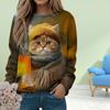 Осенняя женская мода с круглым вырезом и длинным рукавом, свободная одежда, футболка с принтом кота в шарфе для девочек, уличная одежда