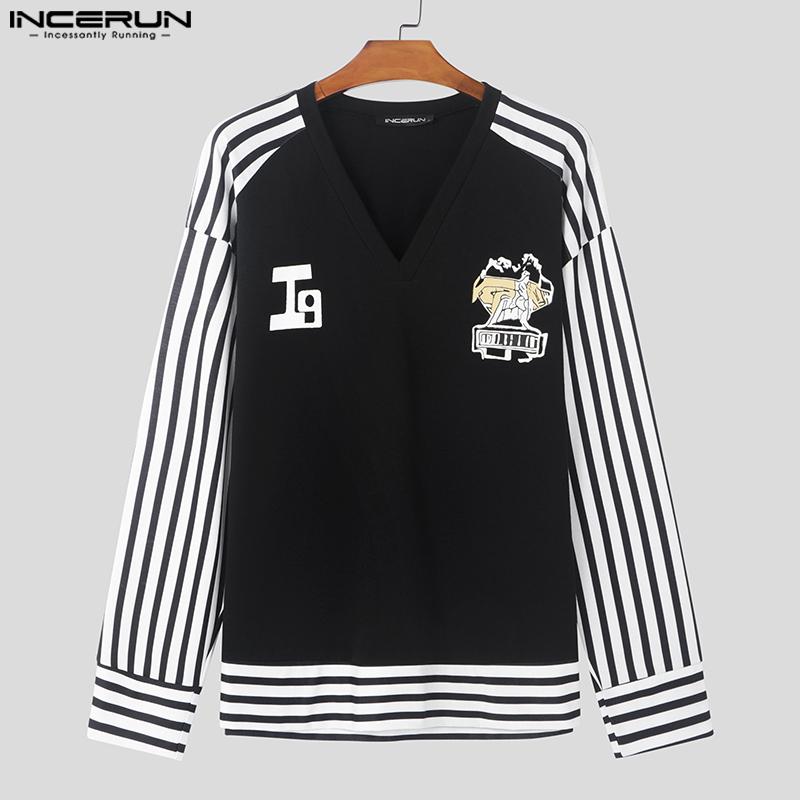 INCERUN Мужские топы с V-образным вырезом и длинным рукавом, повседневные полосатые футболки в стиле пэчворк