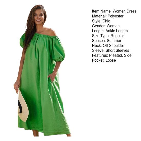 Женское платье с открытыми плечами, короткими рукавами и эластичными манжетами, плиссированное, свободное, однотонное, с боковыми карманами, пляжное платье миди для отдыха