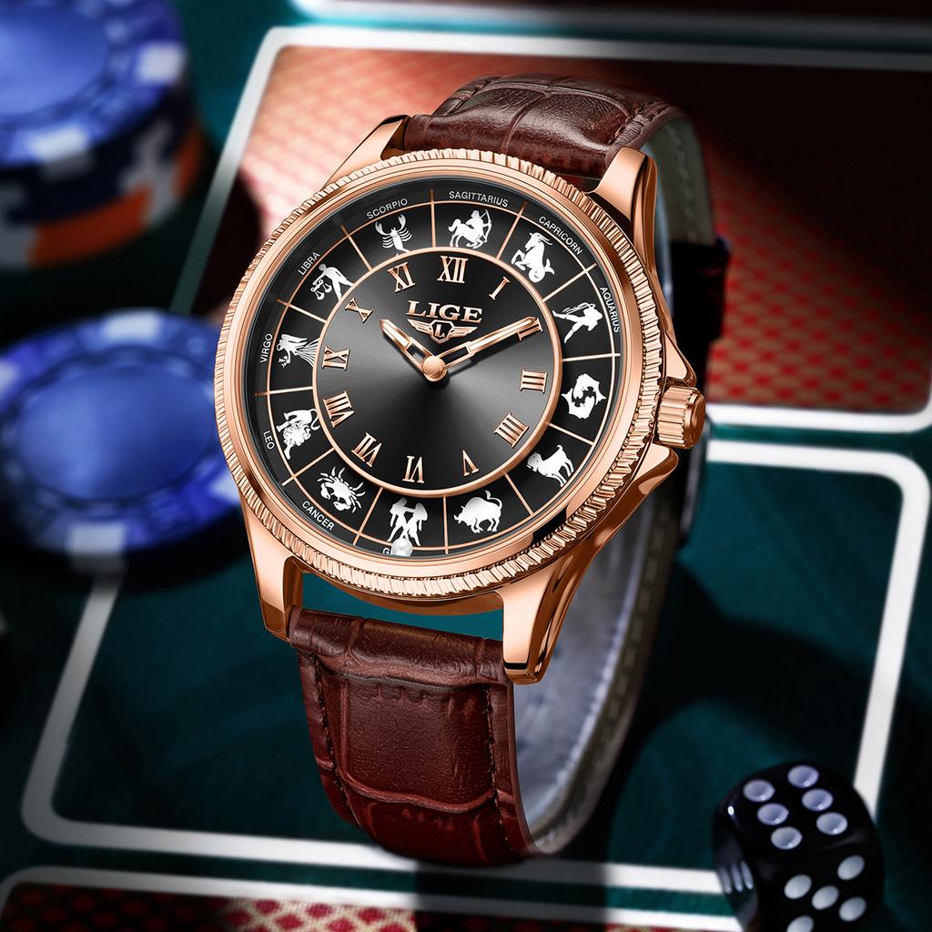 LIGE mens wristwatch featured constellation luminous business fashion leather waterproof clock quartz watches for men reloj+BOX