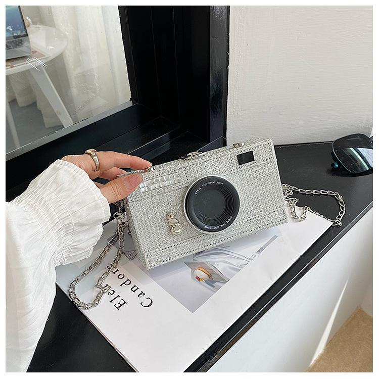 Women Fashion Sequin Box Bag Funny Chain Crossbody Body Bag New Camera Shape Shoulder Bag