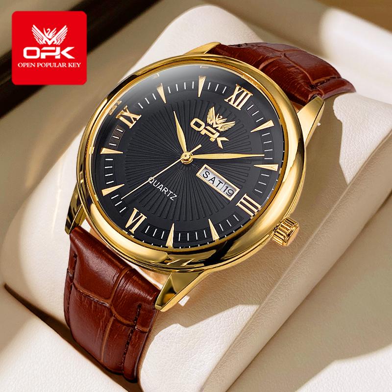 OPK 6014 Fashion Simple Man Watch Leather Strap Dual Calendar Waterproof Original Quartz Men's Wristwatch