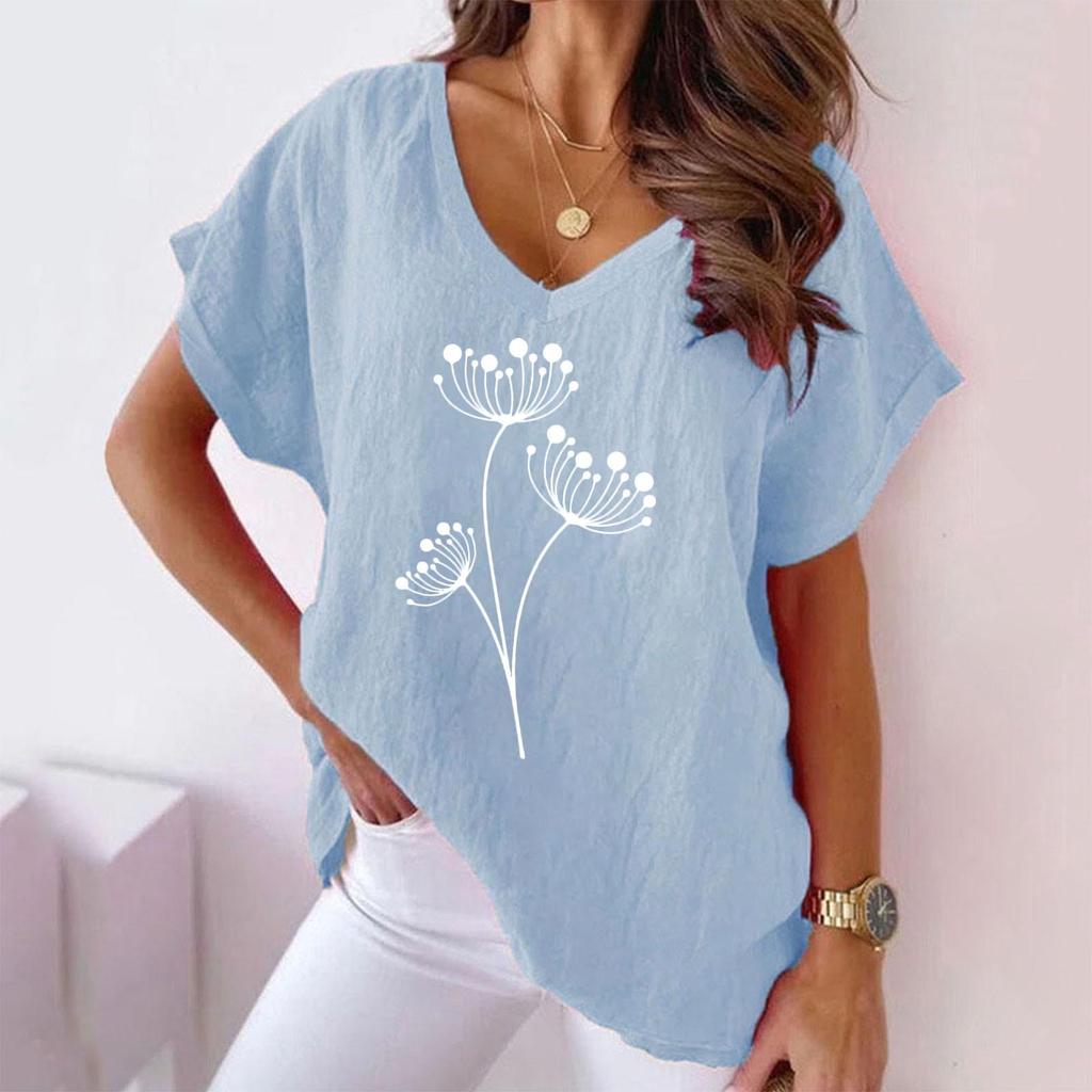2023 Summer Floral Print V-neck Cotton Linen Casual Batwing Sleeve Women's T-shirt