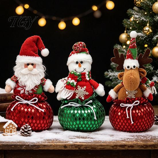 Decorative Storage Bowls Sequins Christmas Santa Claus/Snowman/Elk Ornaments with Candies Pocket, Elk Figurines for Red or Green Festive Figures