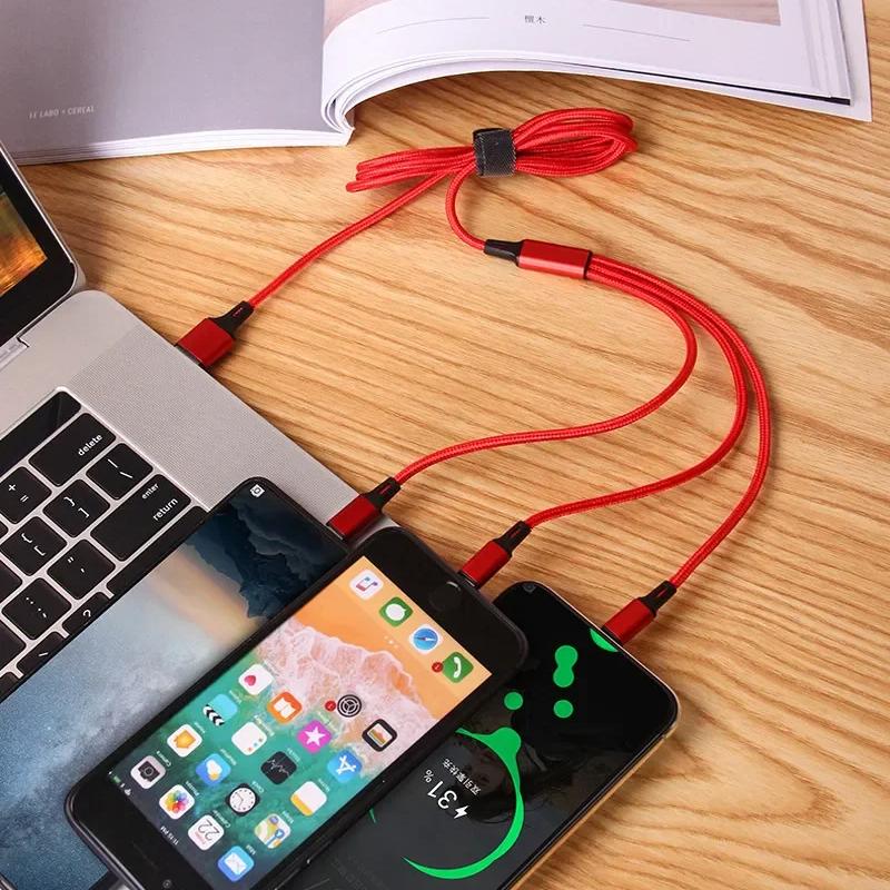 3 в 1 USB-кабель для быстрой зарядки типа C Micro IOS, универсальный зарядный кабель для iPhone, Huawei, Samsung, нейлоновый плетеный шнур