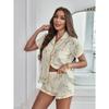 Floral Print Textured Pajama Set Casual Short Sleeve Buttons Lapel Top & Elastic Shorts Women's Sleepwear