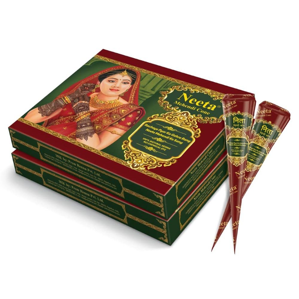 Конус для мехенди Neeta, боди-арт, полностью натуральная, травяная, чистая хна (12 штук X 1 КОРОБКА) Набор из 2 штук для временных татуировок