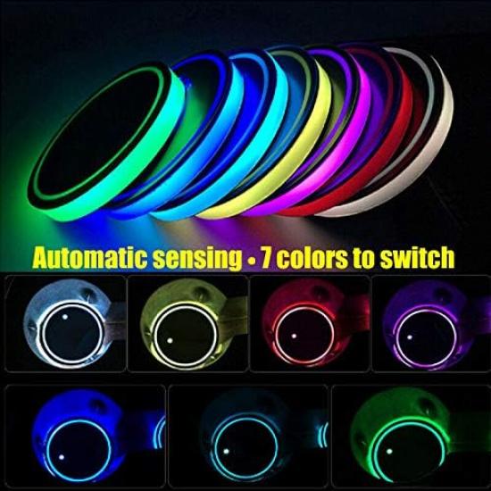 LED Cup Holder Lights, 2Pcs LED Car Coasterss With 7 Colors Luminescent Light Cup Pad, USB Charging Cup Mat For Drink Coaster Accessories Interior
