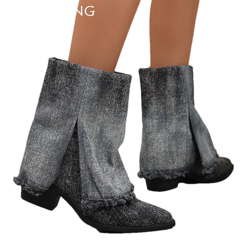 Ковбойские массивные женские ботильоны с острым носком, дизайнерские туфли на среднем каблуке 2025 года, трендовая зимняя мода, новые туфли-лодочки в готическом стиле Botas De Mujer