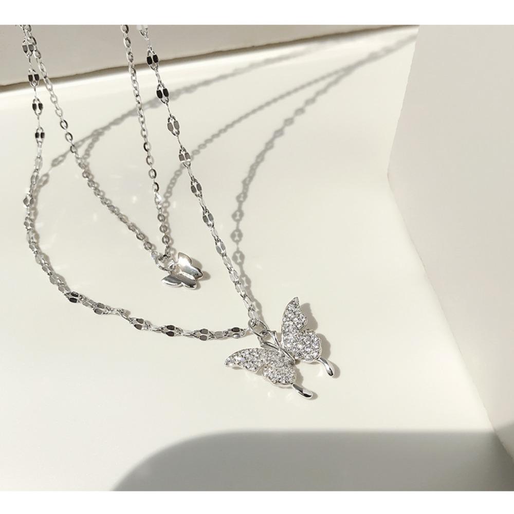 Fashion Silver Shiny Flash Butterfly Double Layer O Chain Necklaces Wedding Party Jewelry for Women