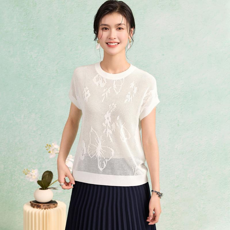 [Jacquard] Round neck solid color raglan sleeve T-shirt for spring and summer new style, hollowed out simple silk containing women's knitted sweater