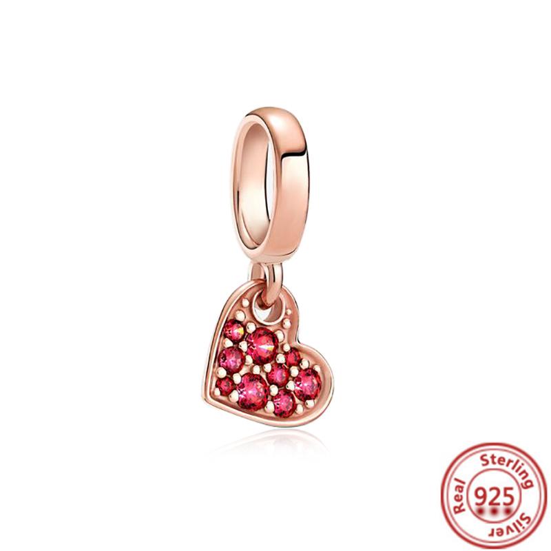 Hot Sale Rose Gold Series Pink Zircon Leaves Heart Pendant Sparkling Clip Bead Fit Charm Bracelet DIY S925 Silver Jewelry