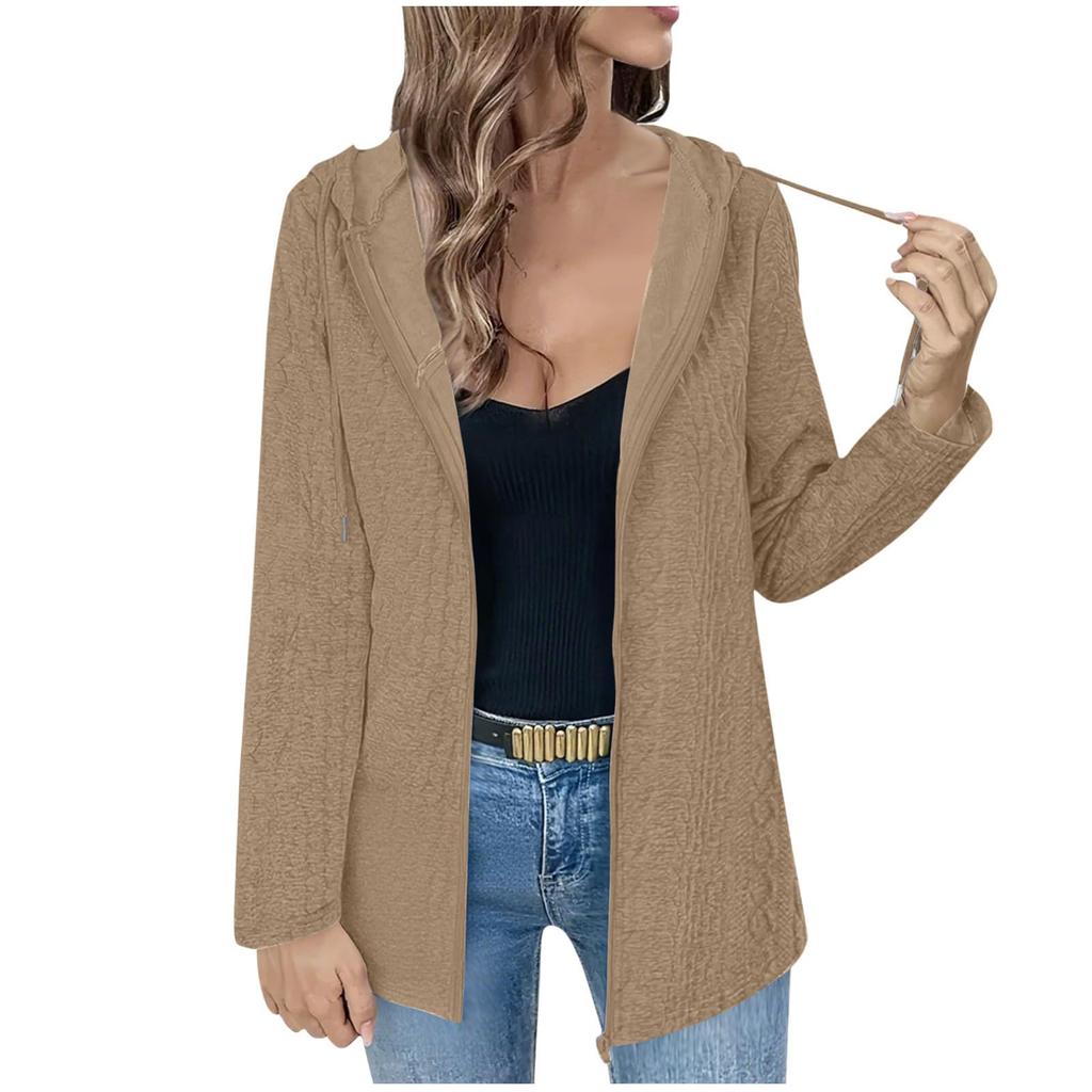 Women's Solid Color Loose Zipper Long Sleeved Hooded Top Casual Cardigan Jacket