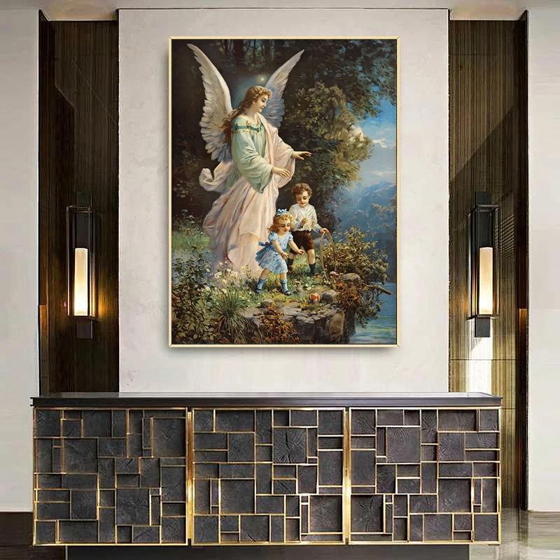 Vintage Guardian Angel Canvas Printmaking Gallery Decoration Angel Mom and Children Living Room Home Canvas Painting Wall Art